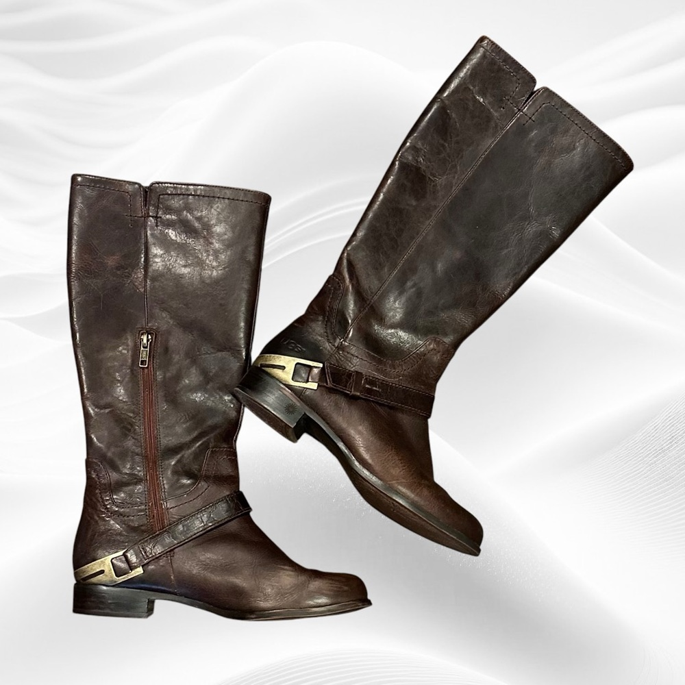 Ugg Channing II  Riding Boot Leather Brown Equestrian Tall Silver Heel Strap 7.5